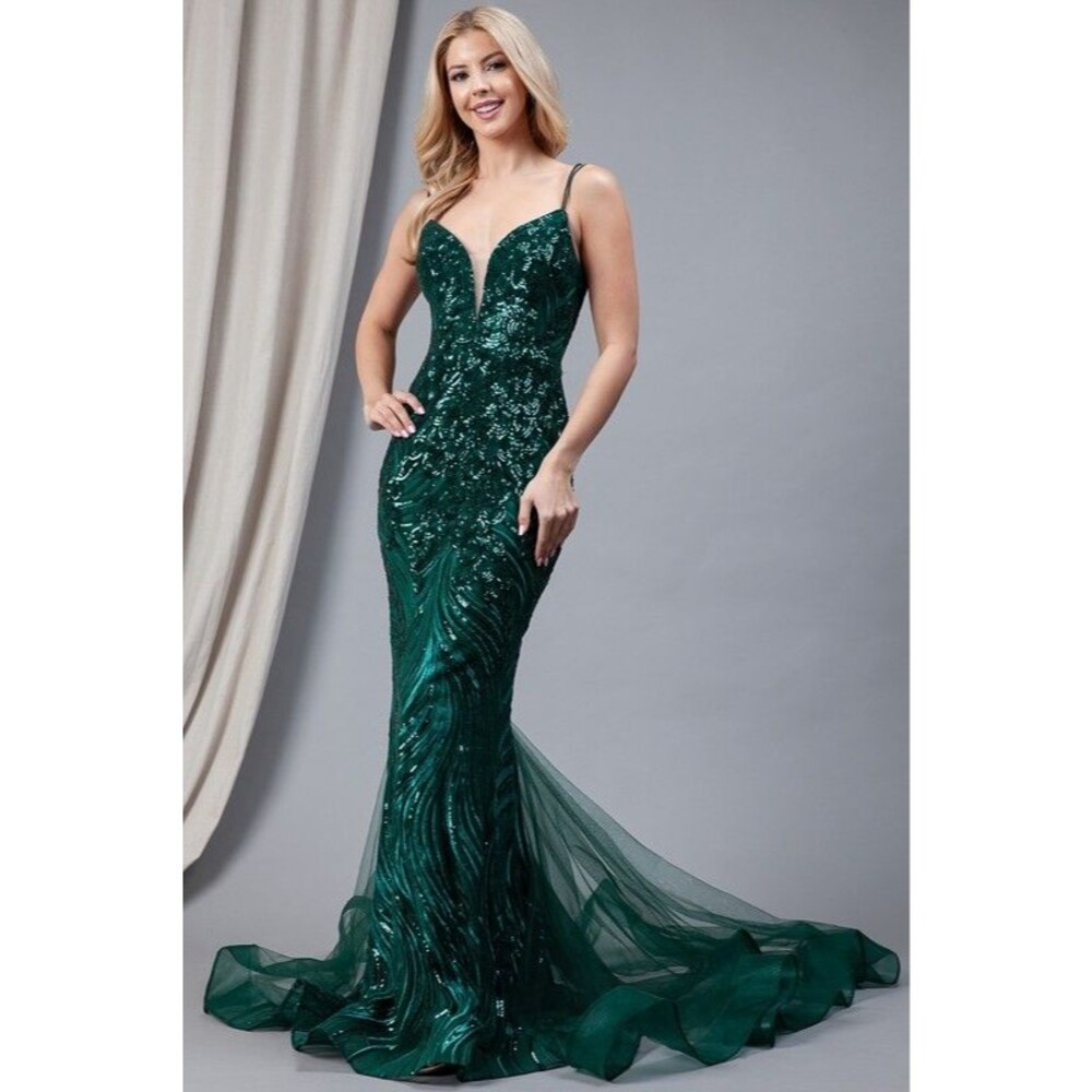 Amelia Couture AC7021 Emerald Green Sequin Tulle Mermaid Formal & Prom Gown Sz 8